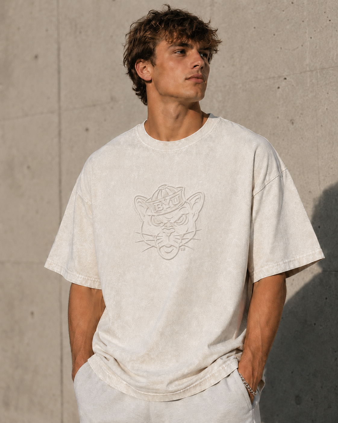 Cream Acid Wash Embossed Sailor Cougar Tshirt