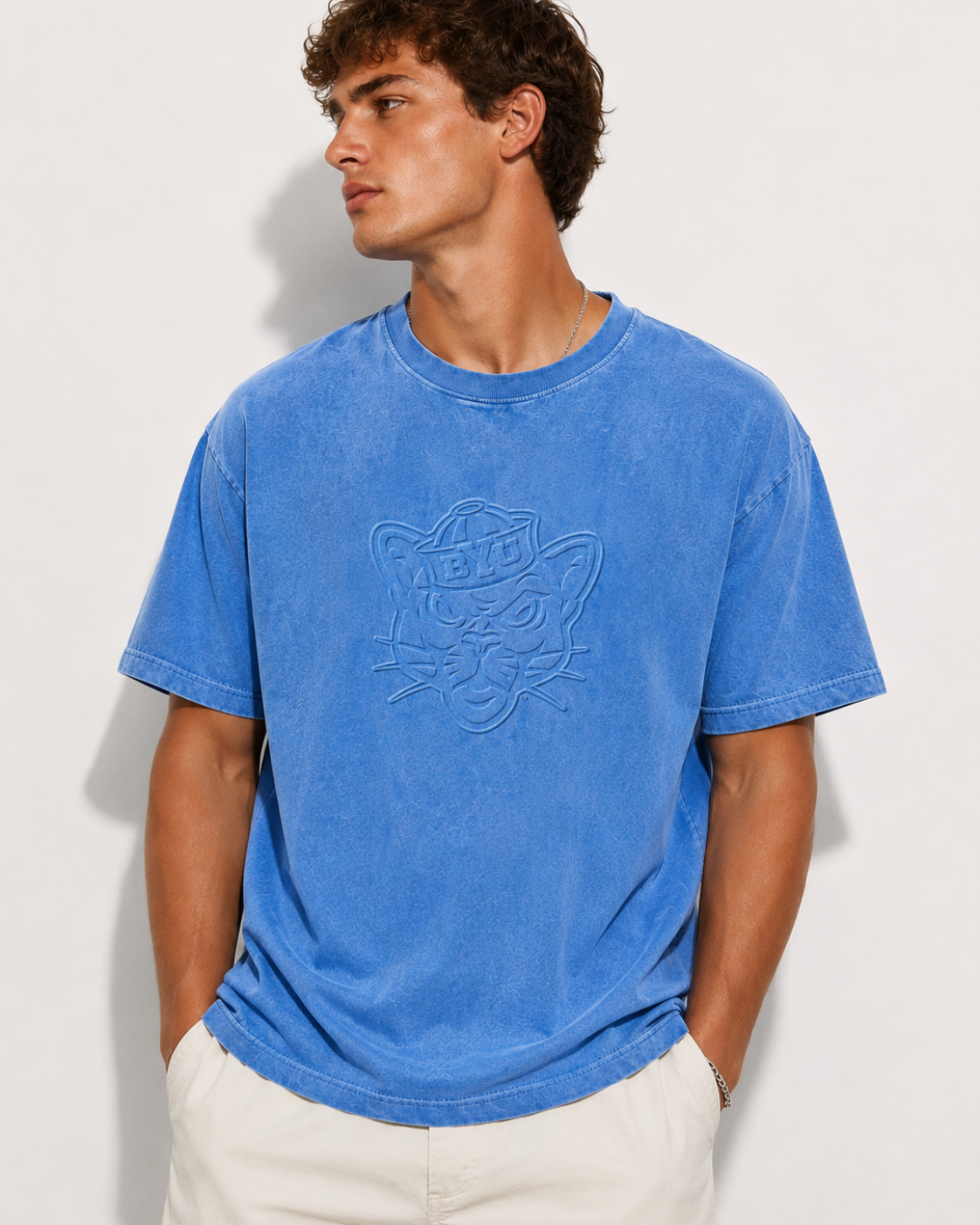 Royal Blue Acid Wash Sailor Cougar Embossed Tshirt