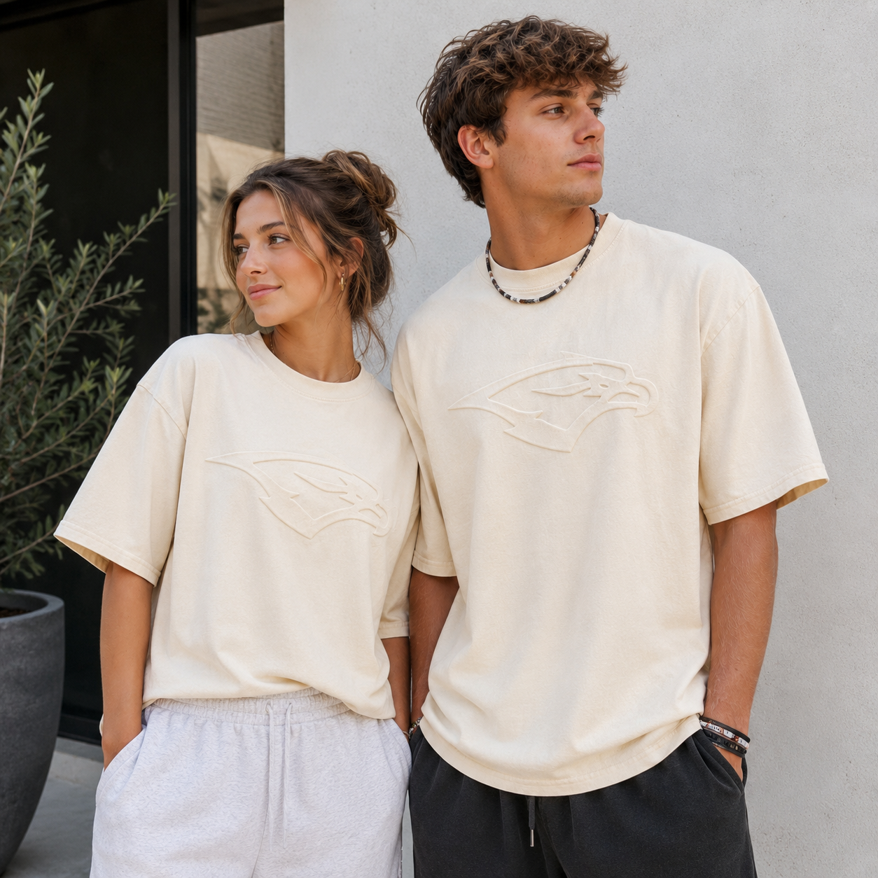 SKYRIDGE Embossed Falcon Drop Shoulder Tee- Cream